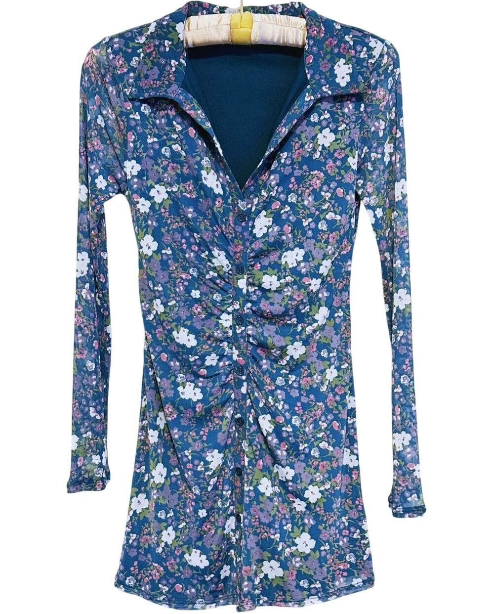 Y2K Womens Floral Ruched Shirt Dress Cottage Small Blue Preppy Romantic Indie
